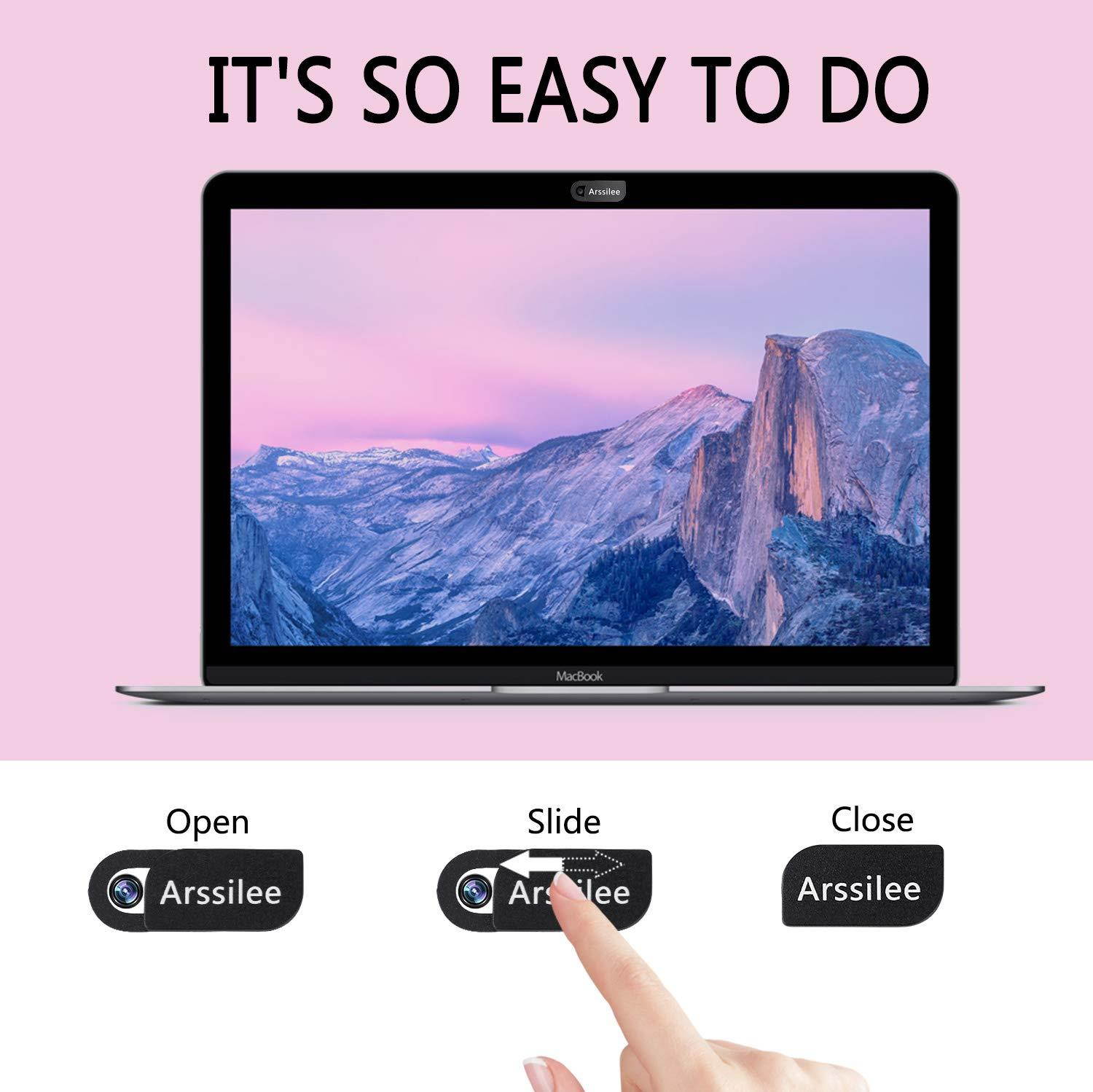 Arssilee 3pack Webcam Cover 0.8MM Thin - Web Camera Cover fits Laptop, Desktop, PC, Macboook Pro, iMac, Mac Mini, Computer, Smartphone,Protect Your Privacy and Security (Black)