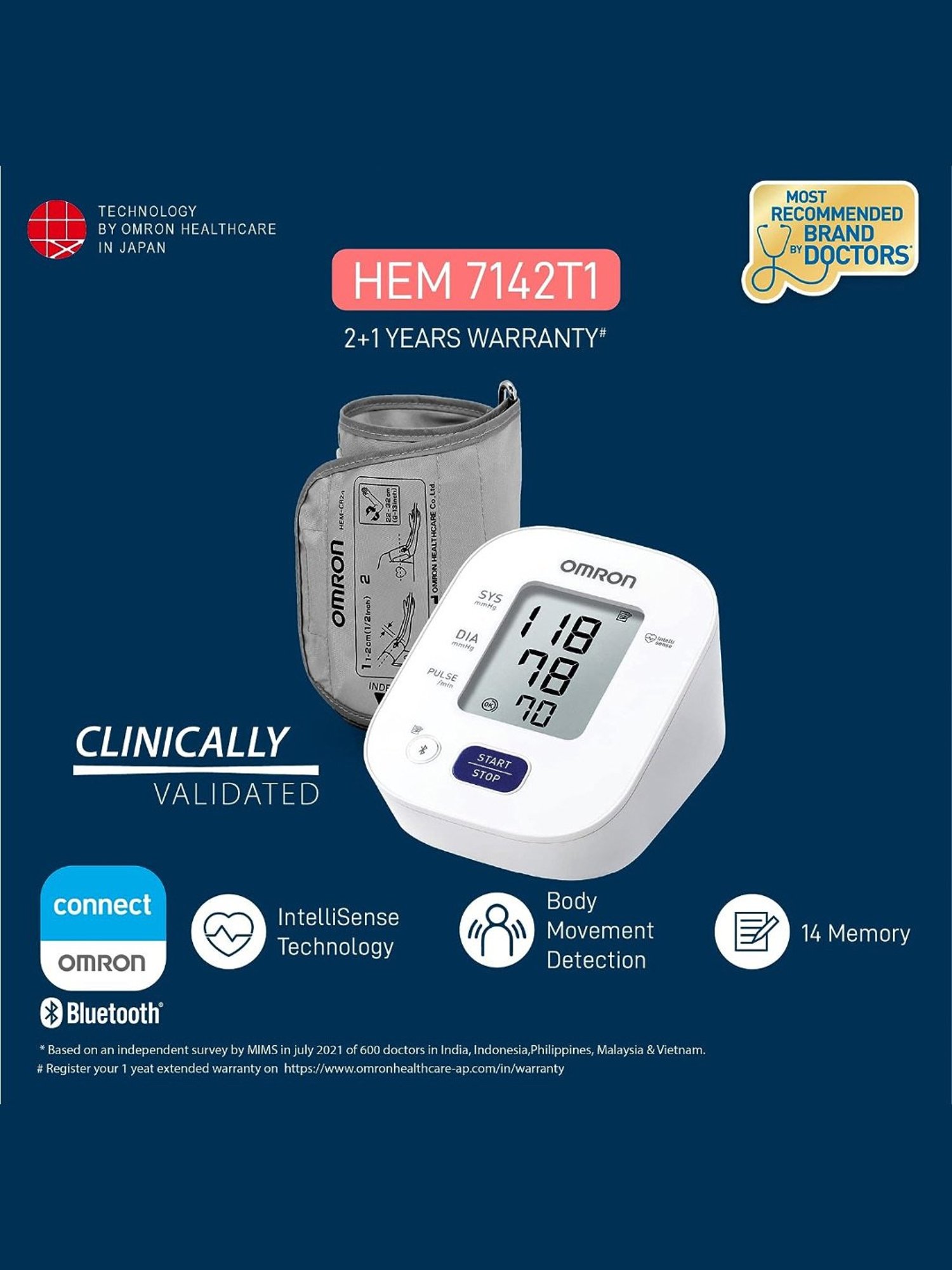 Omron Hem 7142T1 Digital Bluetooth Blood Pressure Monitor with Cuff Wrapping Guide (White)
