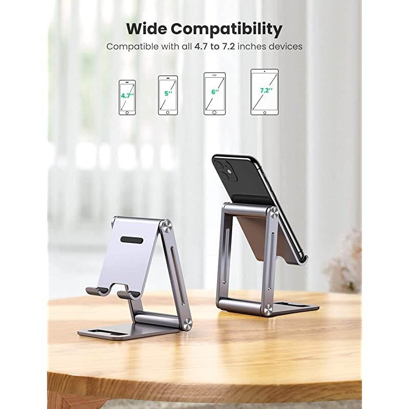 Cell Phone Stand Adjustable Aluminum Mobile Phone Holder for Desk Compatible for iPhone 12 Pro Max 11 X SE XS XR 8 Plus 6 7 6S Samsung Galaxy Note20 S20 S10 S9 S8 S7 Smartphone Foldable
