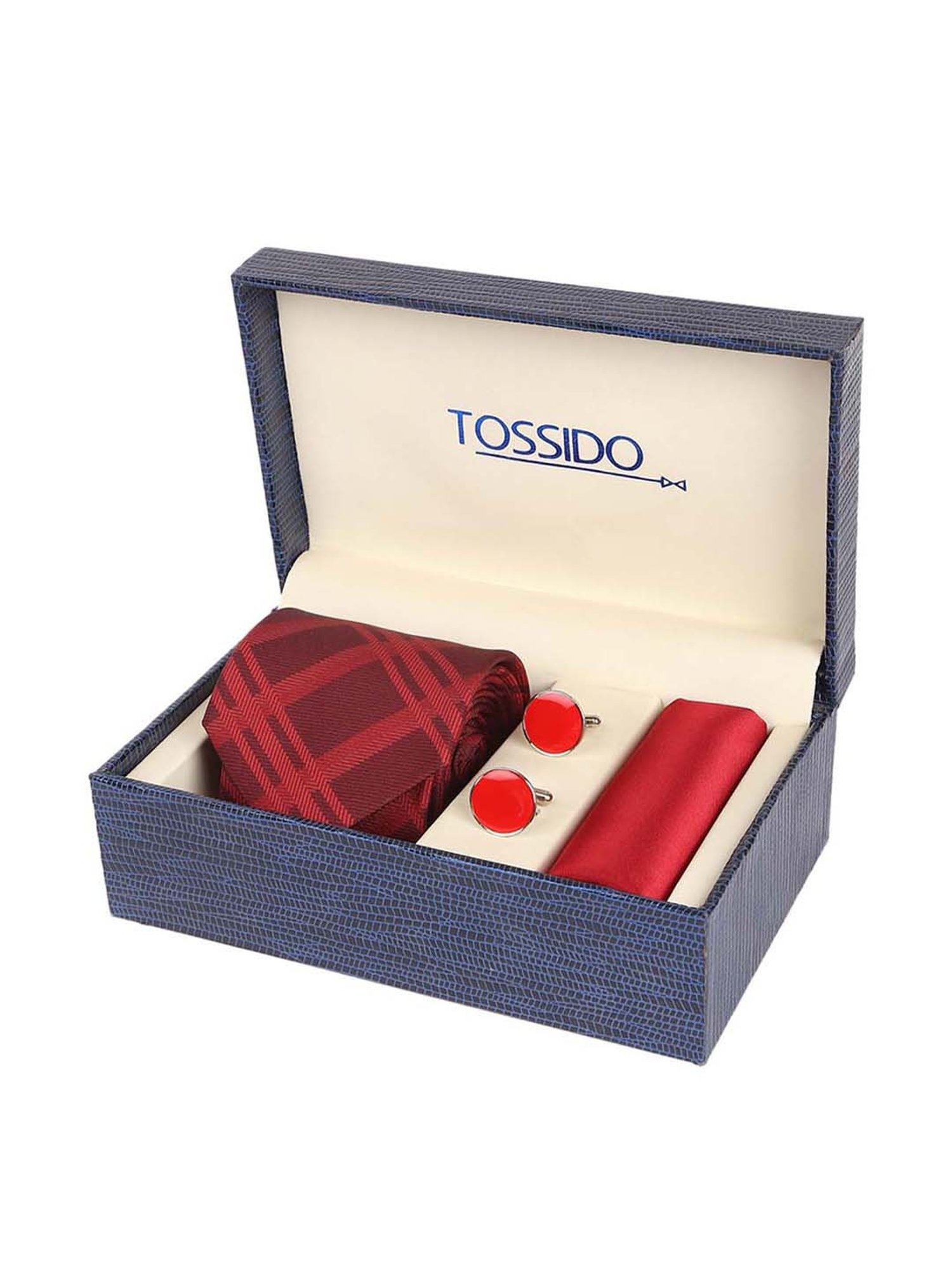 Tossido Maroon Woven Necktie With Pocket Square and Cufflinks