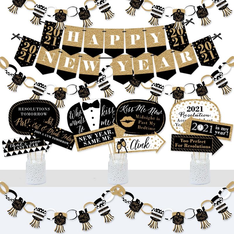 Big Dot of Happiness New Year's Eve - Gold - Banner and Photo Booth Decorations - 2021 New Years Eve Party Supplies Kit - Doterrific Bundle