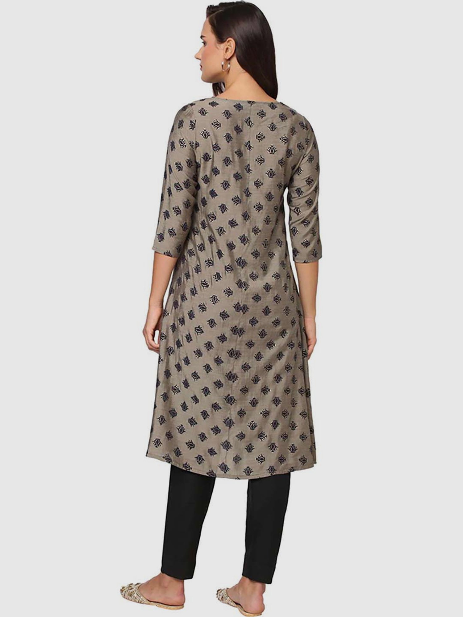 Fusion Beats Grey Printed A Line Kurta