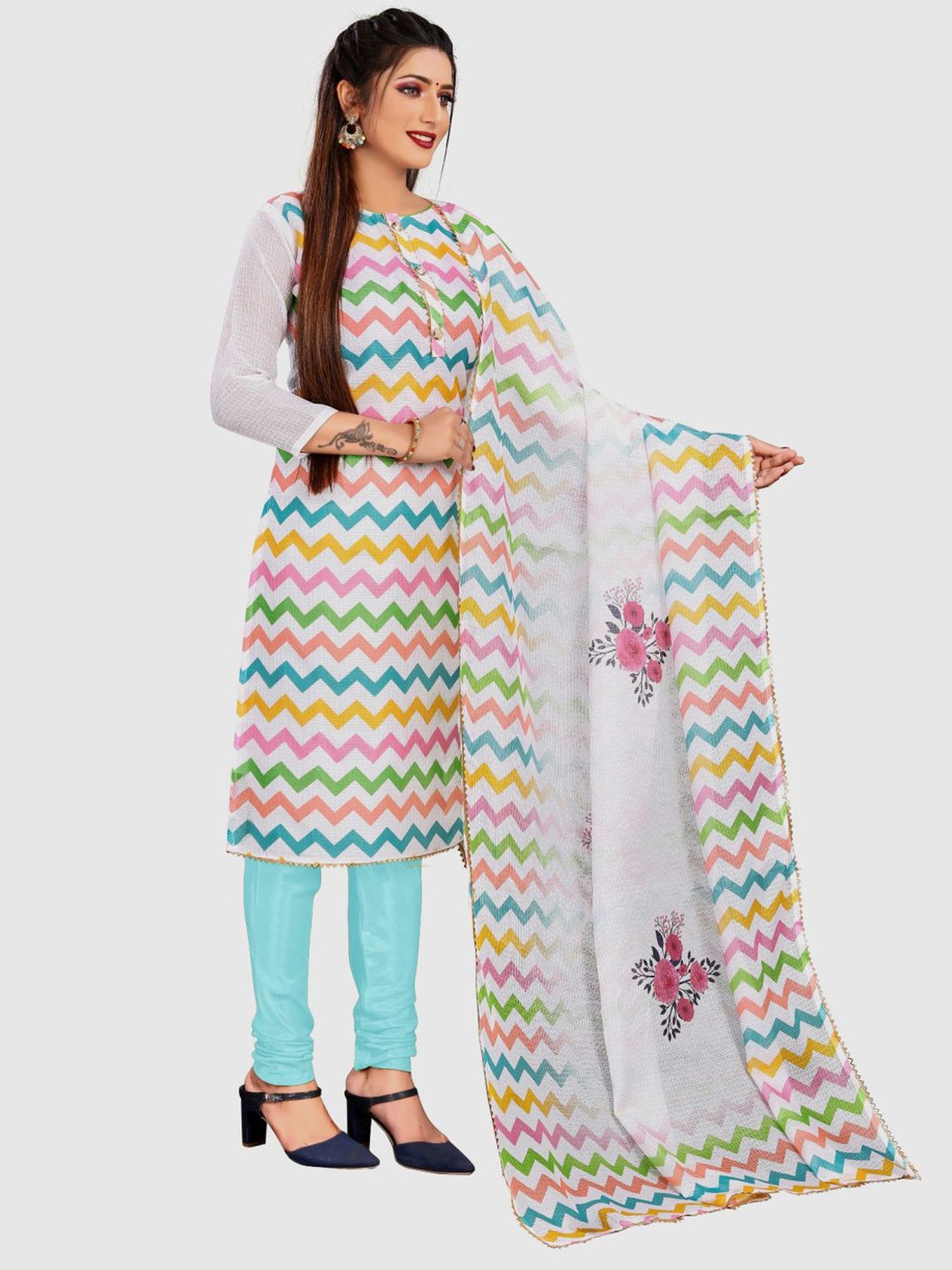 APNISHA White & Turquoise Printed Unstitched Dress Material