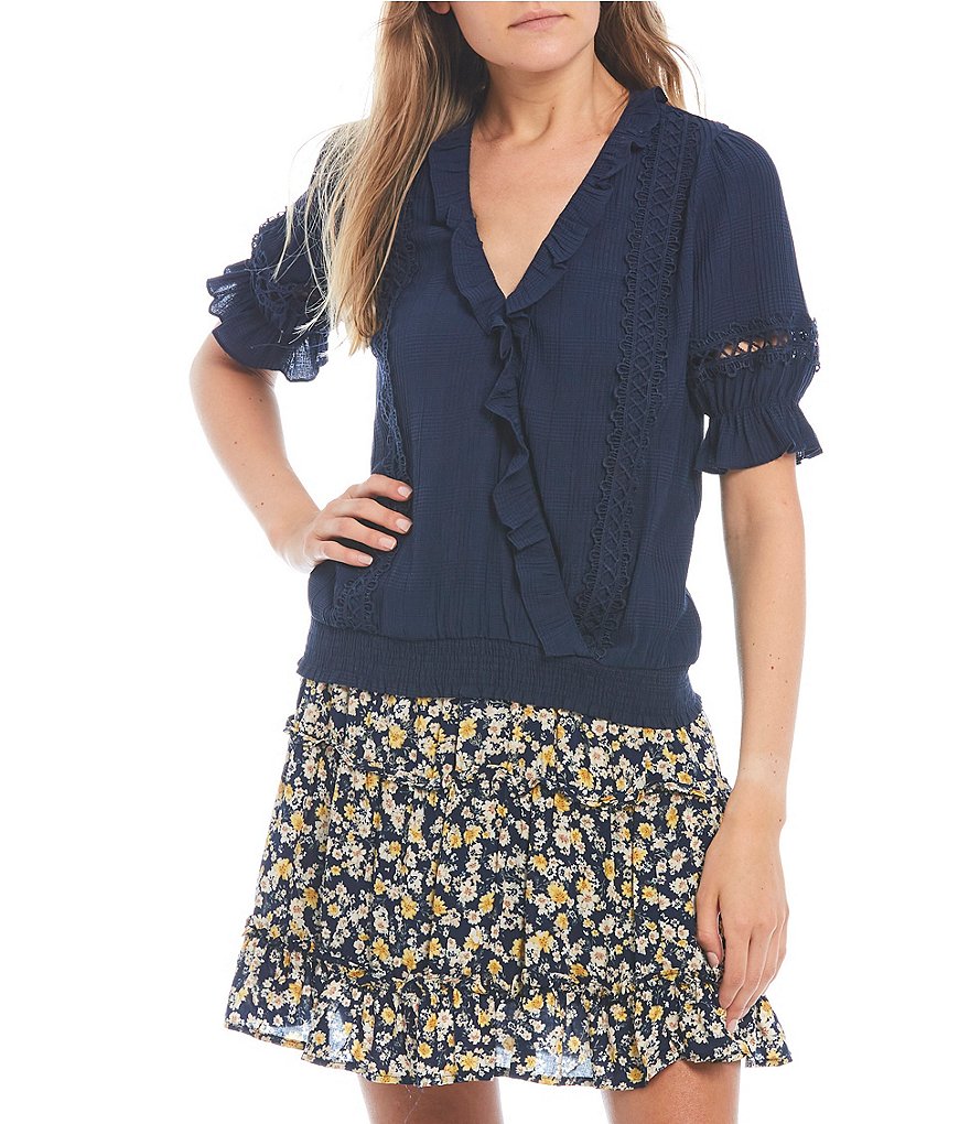 Blu Pepper Lace Surplice Short Puff Sleeve Top