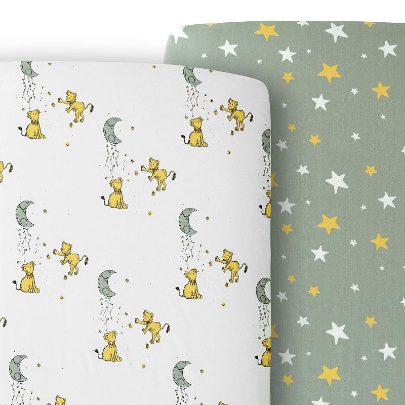 JumpOff Jo 100% Cotton Crib Sheet Set, Super Soft, Hypoallergenic, Breathable Crib Mattress Toppers, Lions & Stars, 2 Sheets