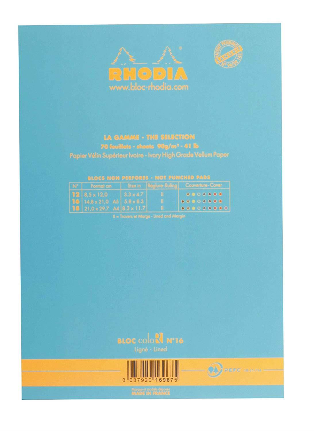 Rhodia A5 coloR Head Stapled Pad No16, Lined - Turquoise Blue