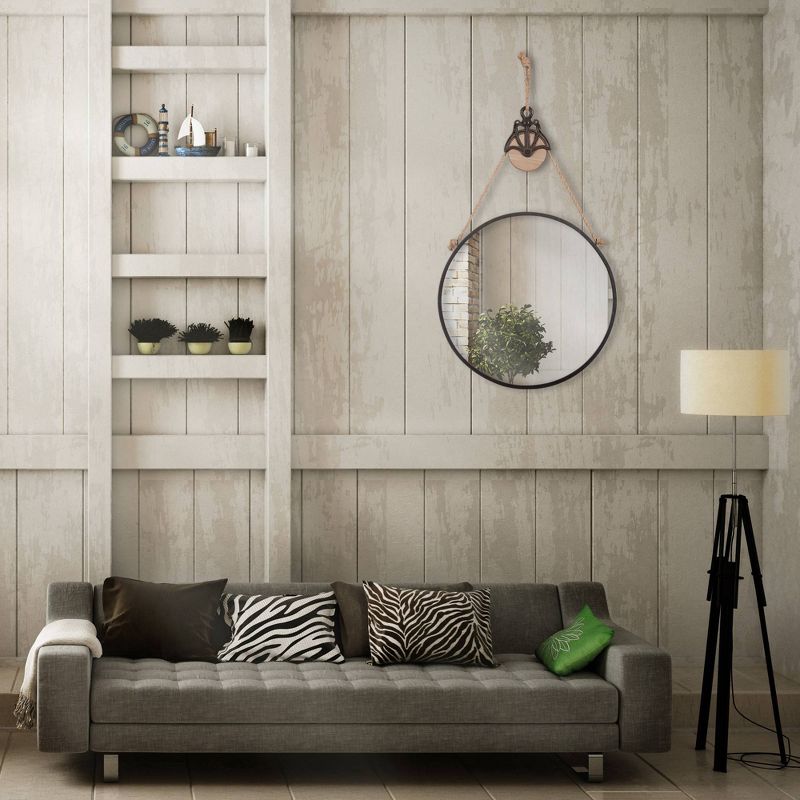 24" Round Metal Wall Mirror with Hanging Rope and Antique Pully Wood/Matte Black - Patton Wall Decor
