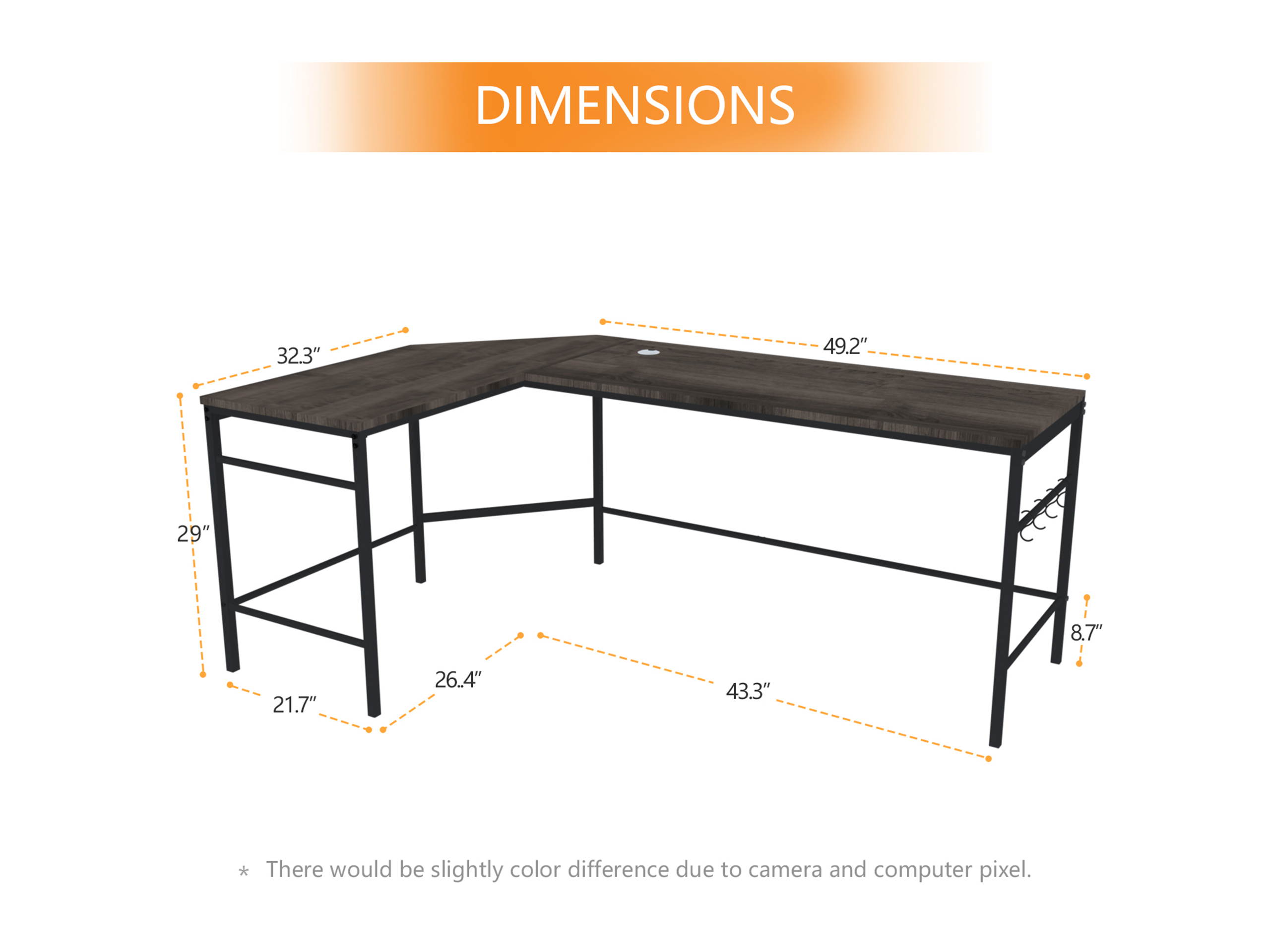 L-Shaped Computer Desk, Large Home Office Desk with Storage Bag and Iron Hook, Industrial Gaming Writing Study Desk, Computer Gaming Desk, Space-Saving Corner Work Station