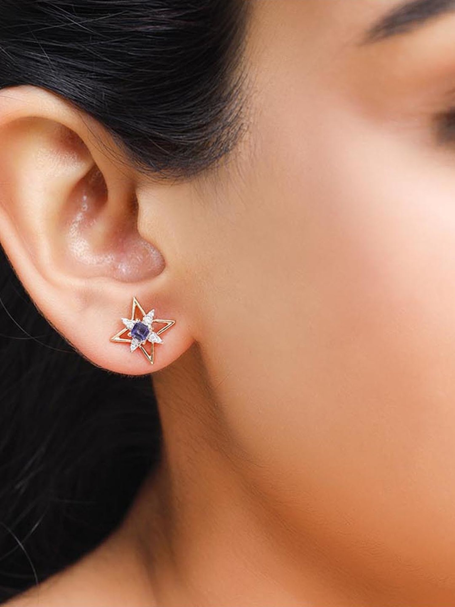 Mia by Tanishq Nature's Finest 14k Gold Shimmering Star Iolite Diamond Stud Earrrings for Women