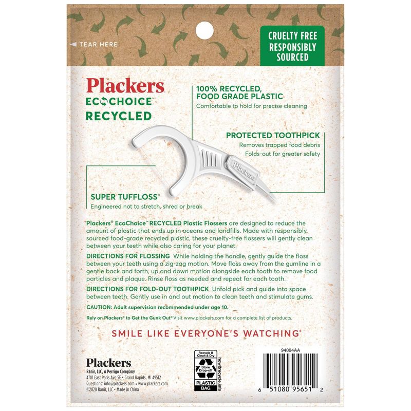 Plackers EcoChoice 100% Recycled Plastic Dental Floss Picks with Fresh Mint -  90ct