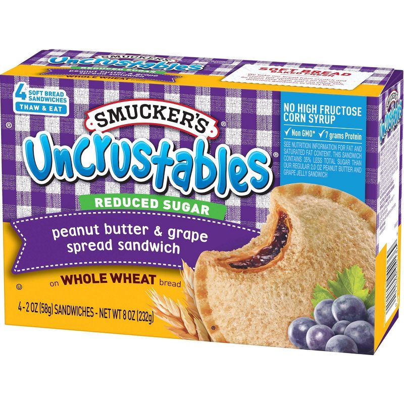 Smucker's Uncrustables Reduced Sugar Whole Grain Peanut Butter & Grape Spread Sandwiches on Whole Wheat - No High Fructose Corn Syrup, Non GMO- 6 grams of protein (5% DV) in each Uncrustables  8oz/4ct