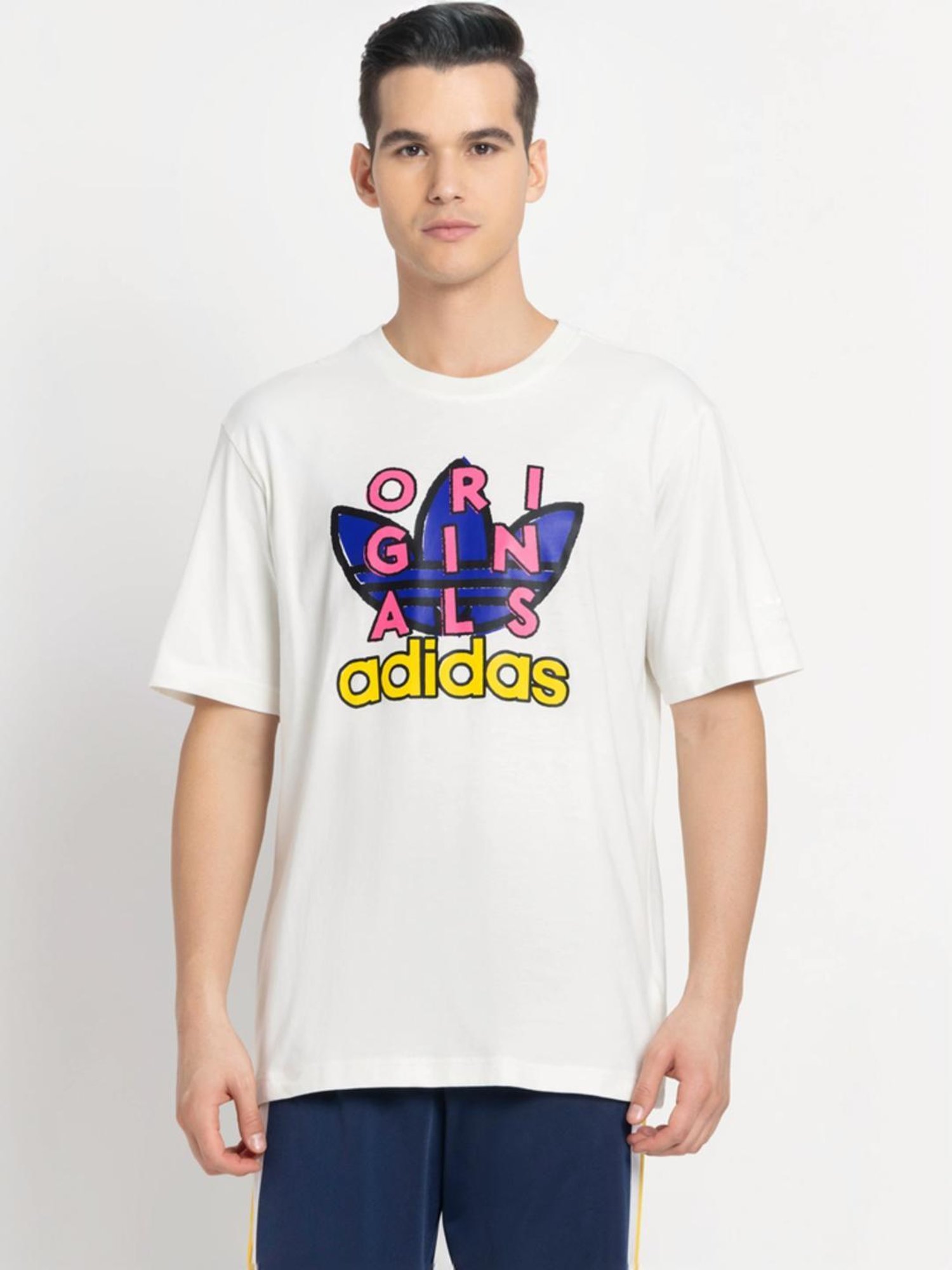 Adidas Originals White Cotton Regular Fit Printed T-Shirt