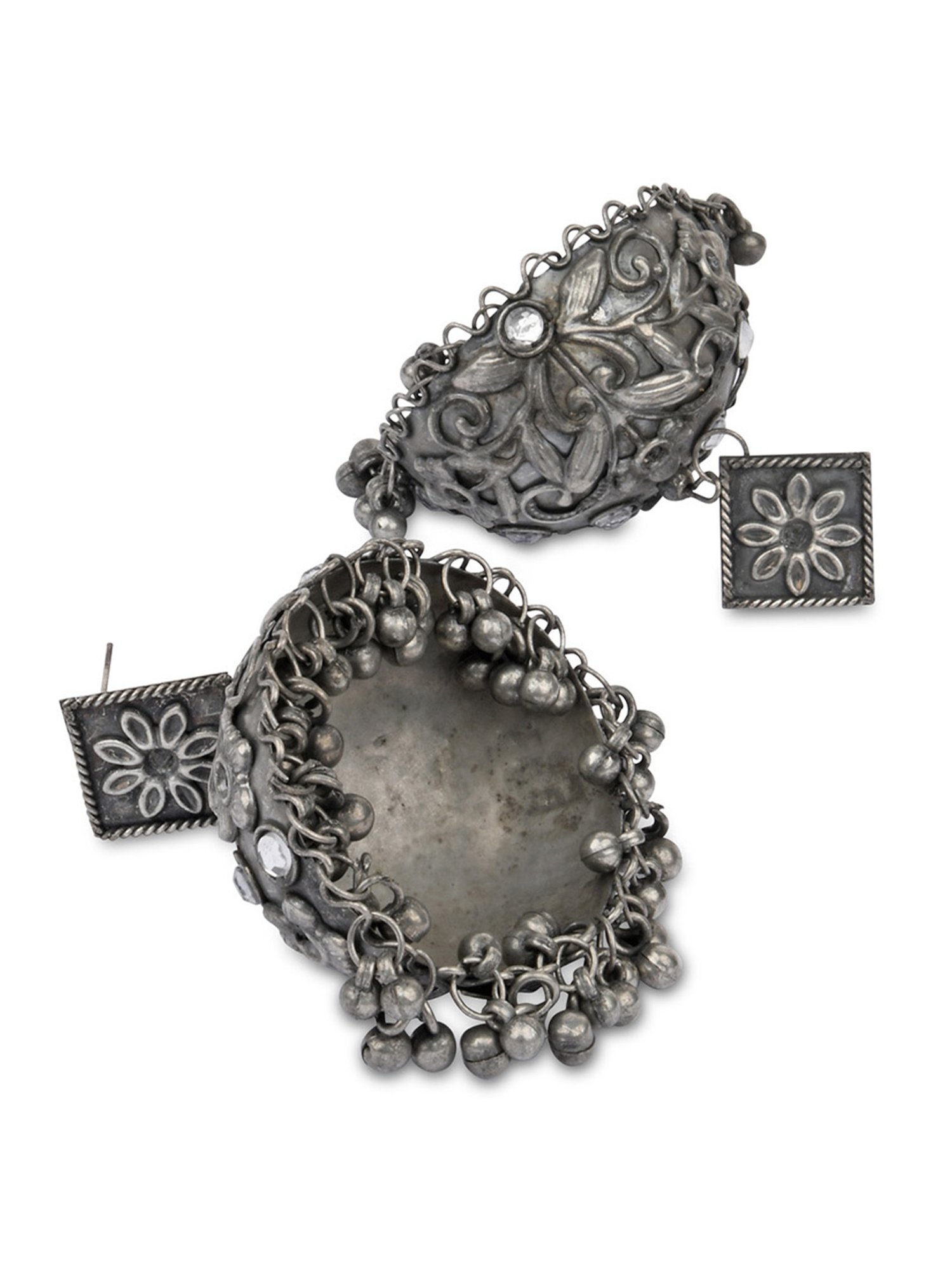 Fida Embossed Dome Shaped Silver Jhumki Earrings