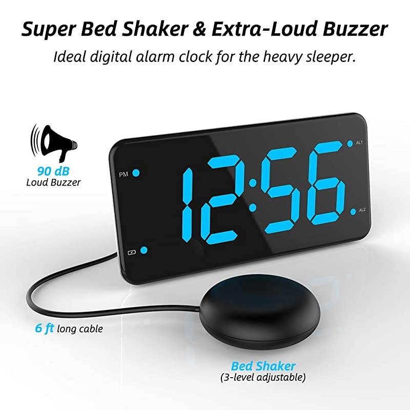 Loud Alarm Clock with Bed Shaker Vibrating Alarm Clock for Heavy Sleepers Deaf and Hard of Hearing Dual Alarm Clock with USB Charger 7Inch Display Full Range Dimmer Battery Backup Blue
