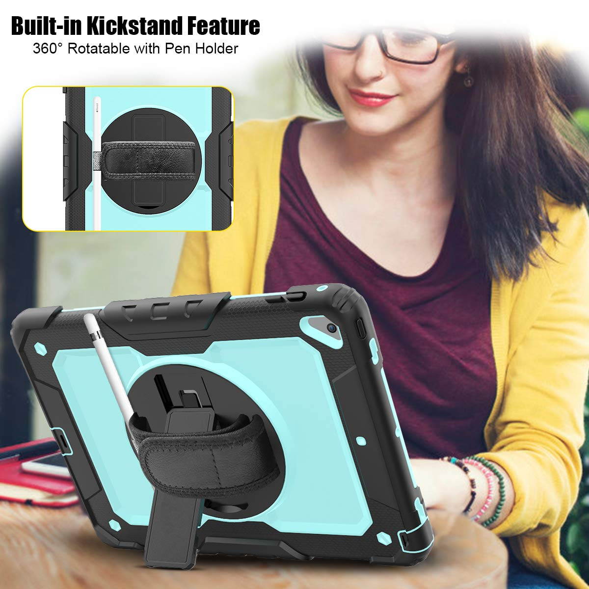 IPad 5th/6th Generation Case,Shockproof, Drop proof, 360 Degree Rotation Kickstand, Hand Strap,Shoulder Strip to Hang in Car Seat.Built-in Screen Protector for New iPad 9.7 2018/2017 Case