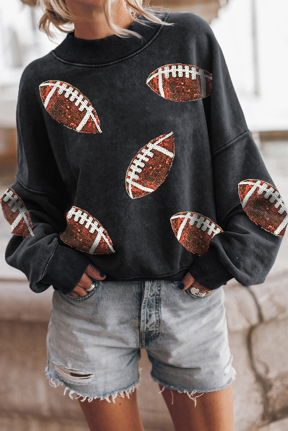 Black Rugby Print Graphic Drop Shoulder Crew Neck Sweatshirt