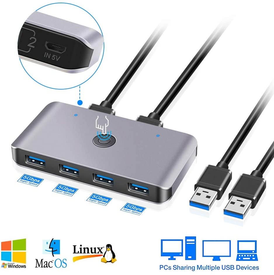 USB3.0 Switch Selector, 2 Computers 6-Port USB 3.0 Peripheral Sharing Switch Hub Adapter for Keyboard, Mouse, U-disk, Printer, KVM One-Second Switcher USB3.0, Compatible with Mac / Windows / Linux