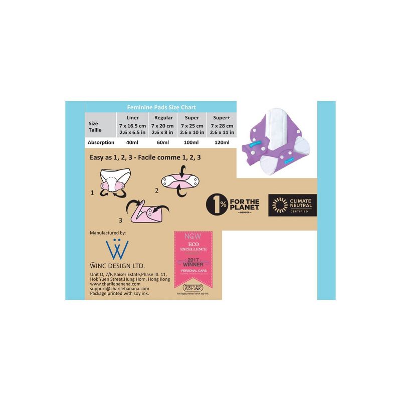 Charlie Banana Feminine Pad Super Absorbency - Peony Blossom - 3pk