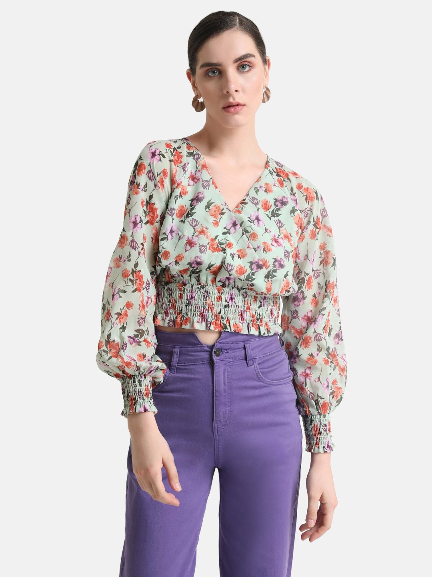Kazo Floral Printed Top With Smocking