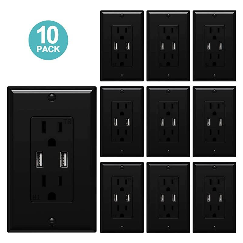 Wall Outlet with 48A24W Ultra High Speed Charger 15A Tamper Resistant Duplex Receptacle White 10 Pack Wall Plate Included