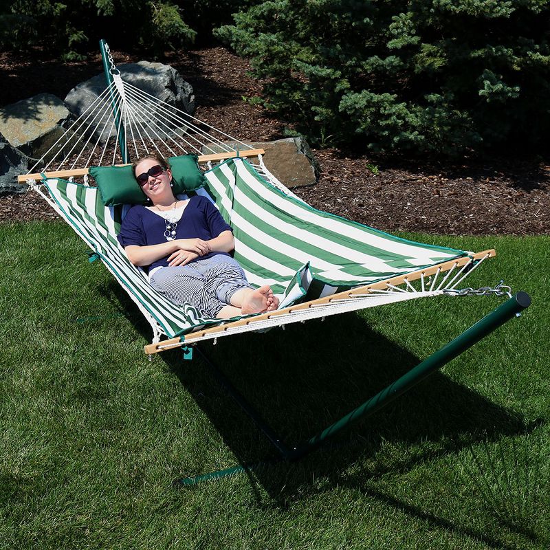 Sorbus Brazilian Double Hammock with Stand - Green, Blue Stripes