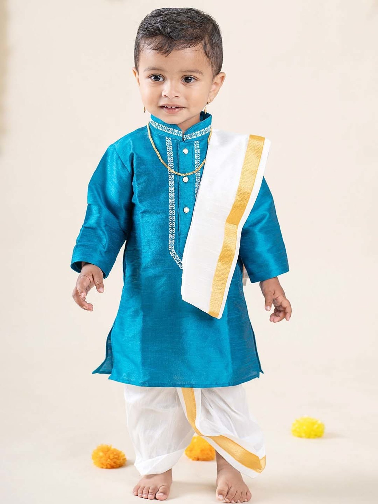 Baby Moo Kids Turquoise Blue & White Regular Fit Full Sleeves Kurta Set