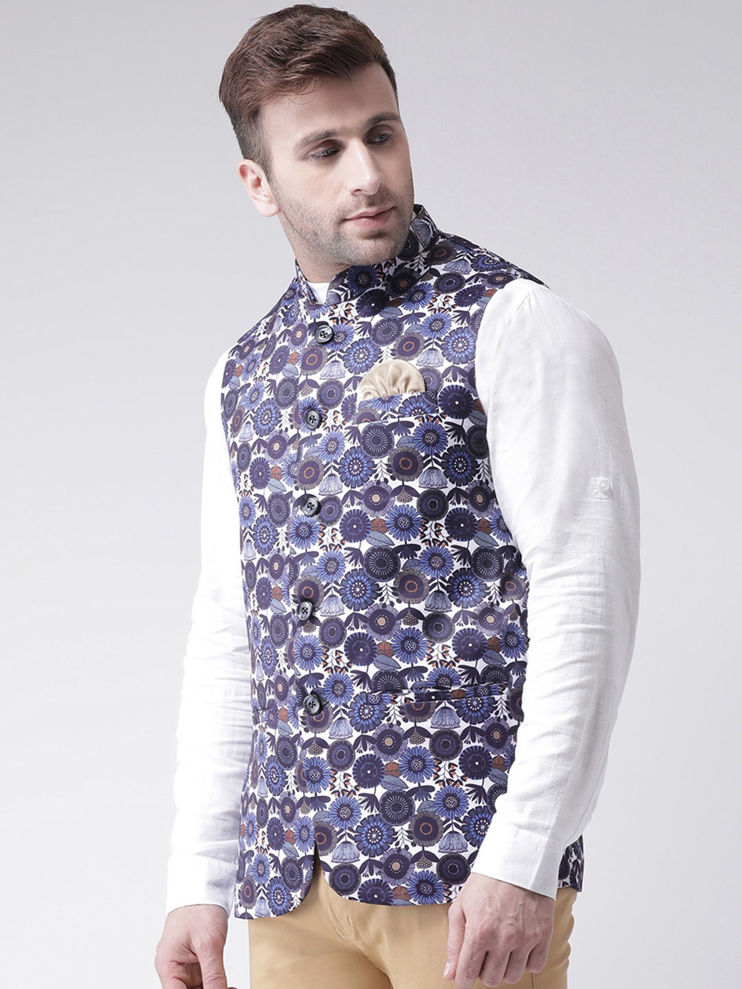 Hangup Plus White & Blue Regular Fit Floral Print Nehru Jacket