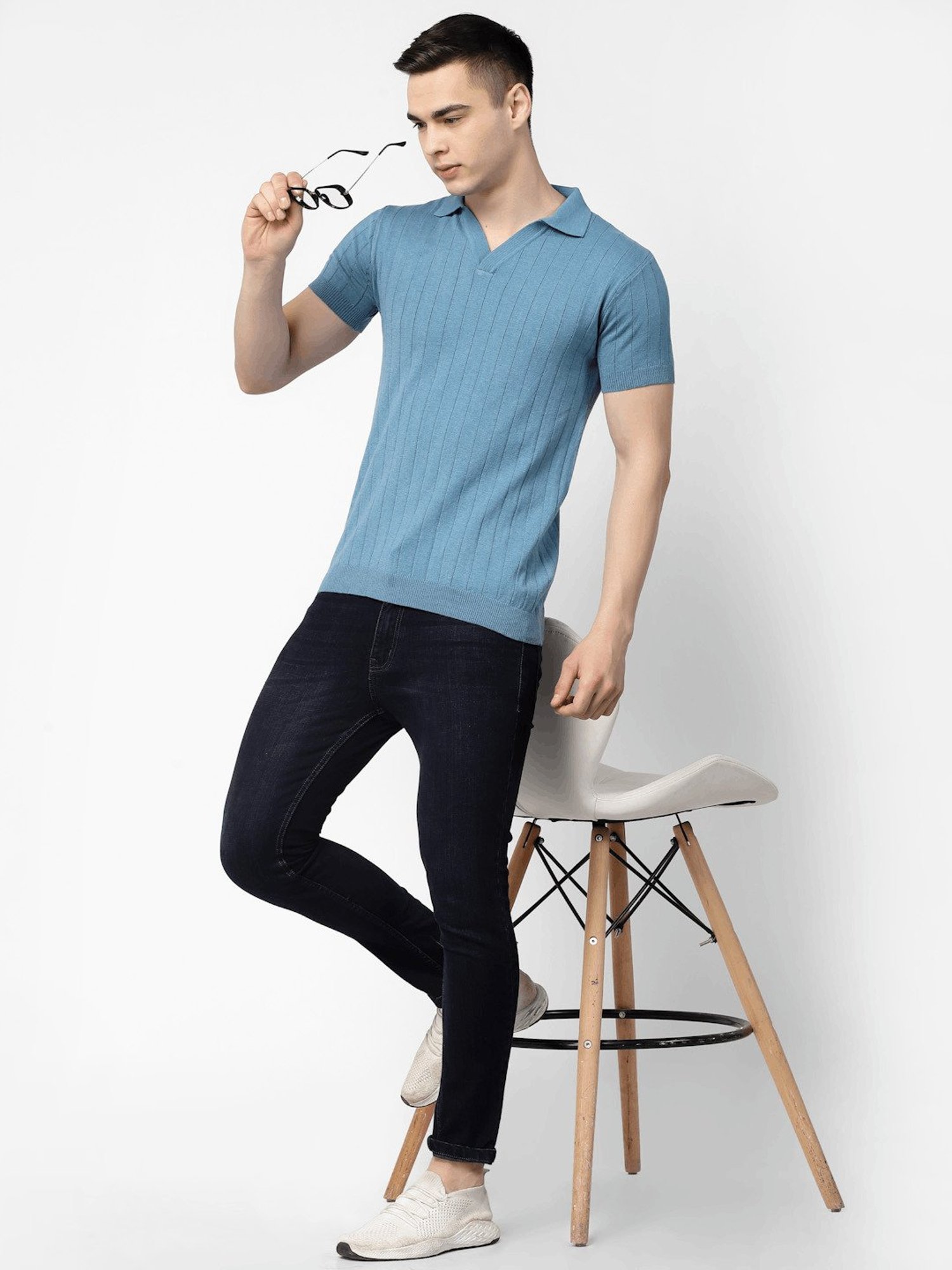 Kalt Light Blue Regular Fit Striped Polo T-Shirt
