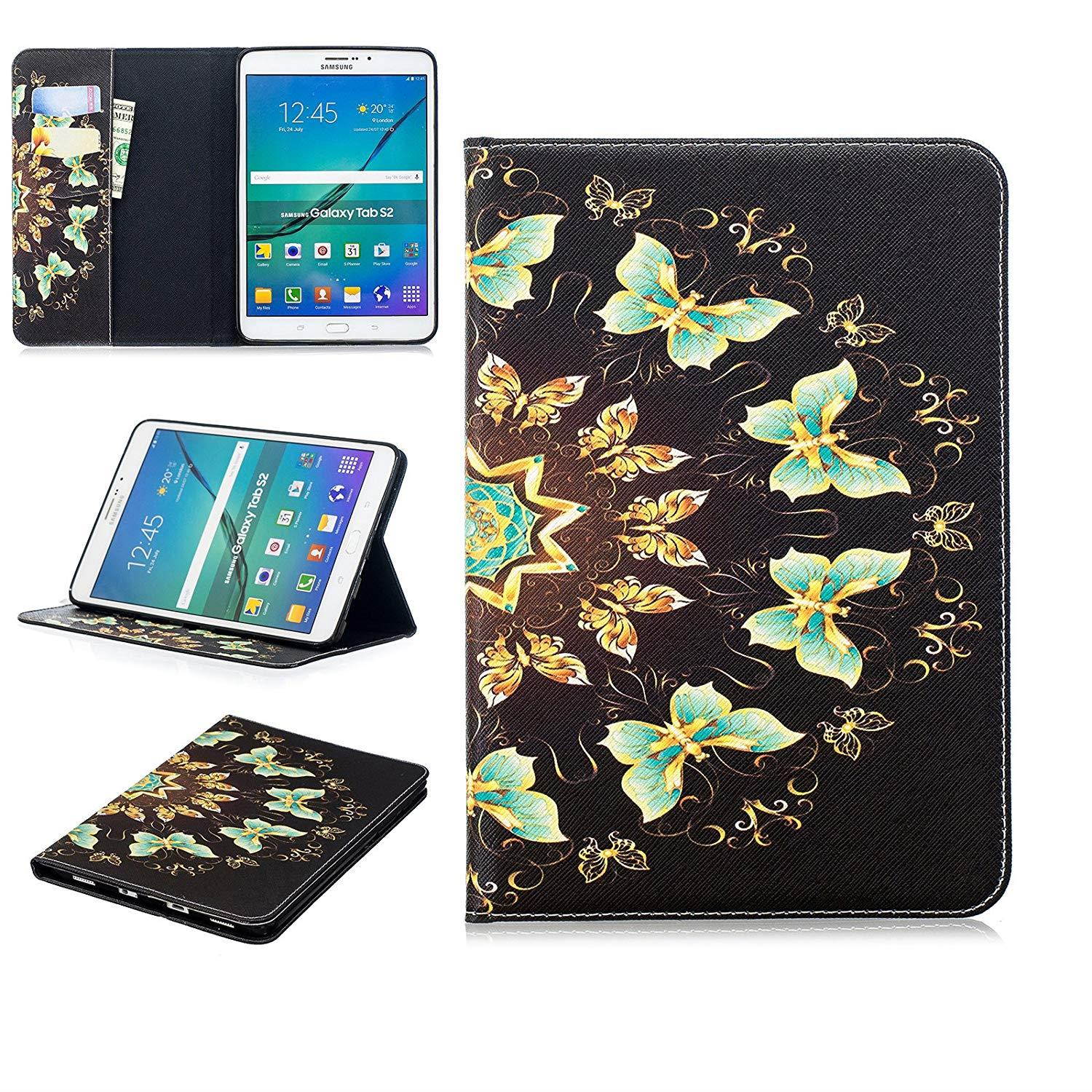 UUcovers Samsung Galaxy Tab S2 8.0 Case, Ultra Slim PU Leather Stand Smart Wallet Case with Cards/Cash Holder for Samsung Galaxy Tab S2 8.0 Tablet (SM-T710/T715), Brown Cover with Green Butterfly