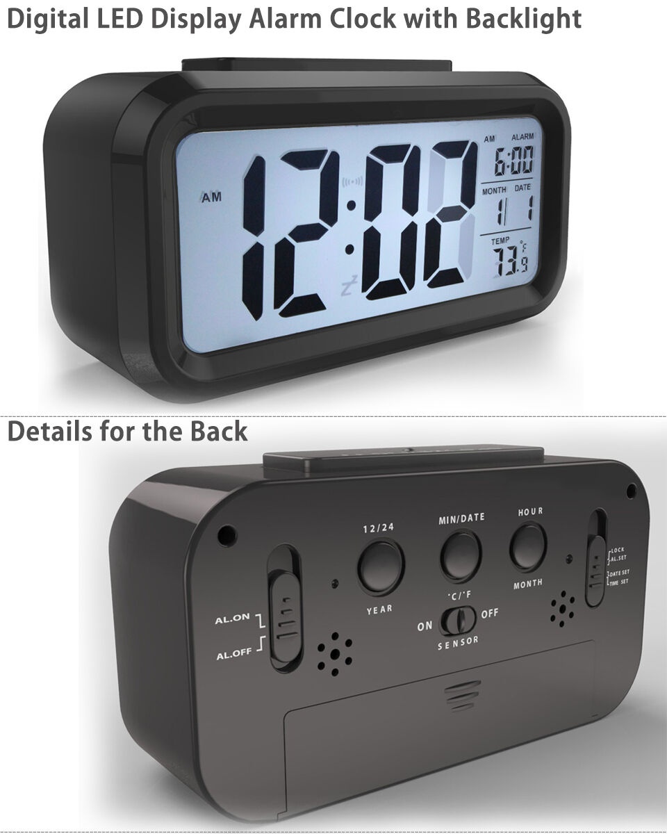 Digital Snooze LED Alarm Clock Backlight Time Calendar Thermometer Temperature