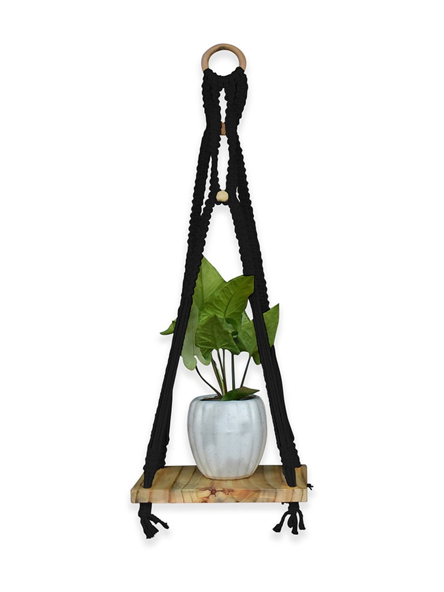 Gathari Macram&iquest; Black Pine Wood Wall Hanging Shelf