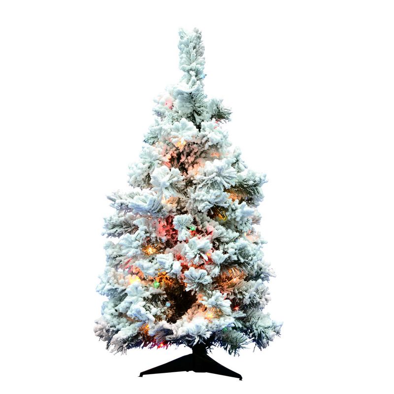 Vickerman Flocked Alaskan 36 Inch Frosted Prelit Artificial Christmas Tree with Multi Colored Lights for Holiday Season