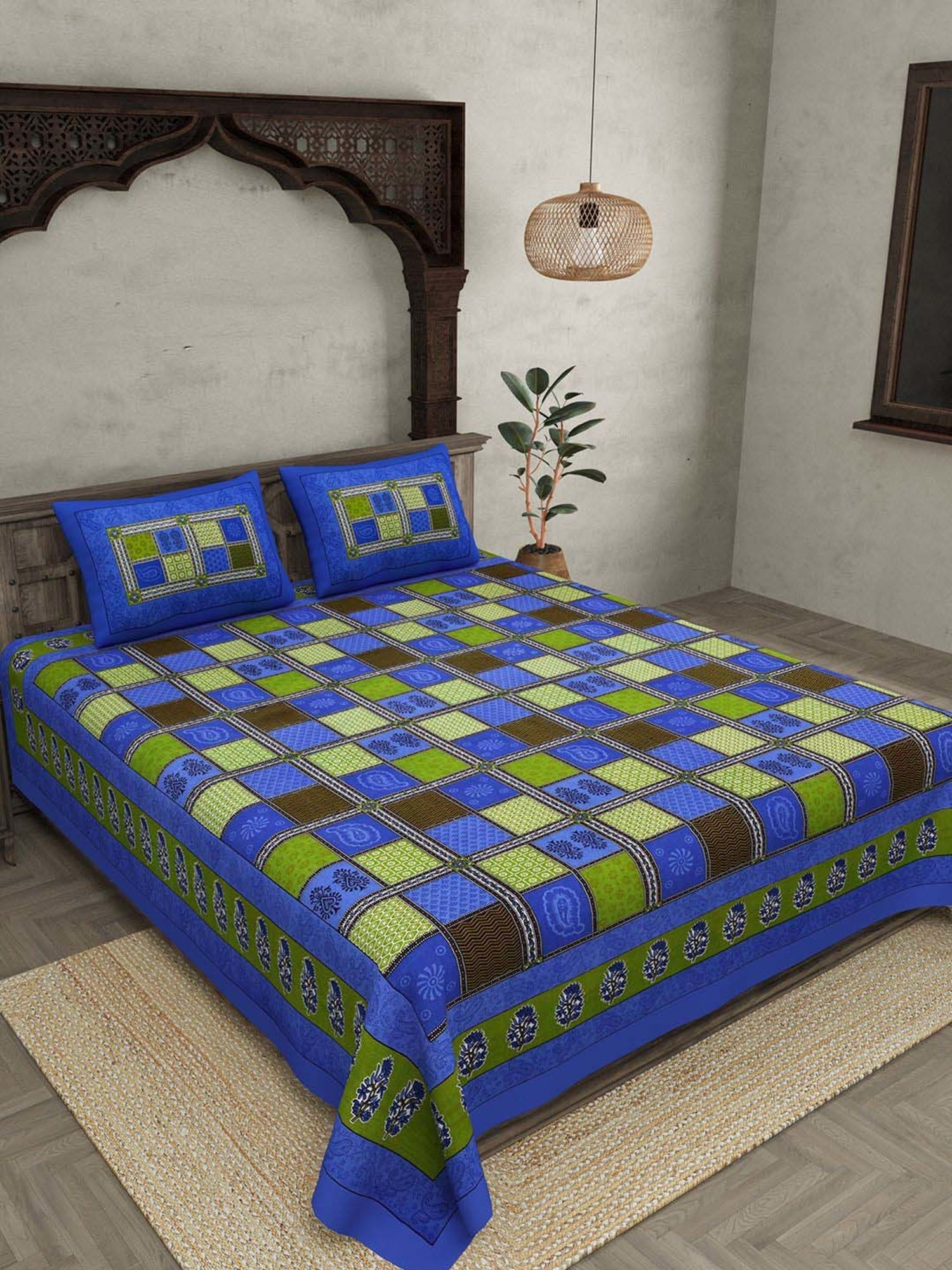 JaipurFabric Dark Blue 100% Pure Cotton 150 TC Double Bedsheet with 2 Pillow Covers