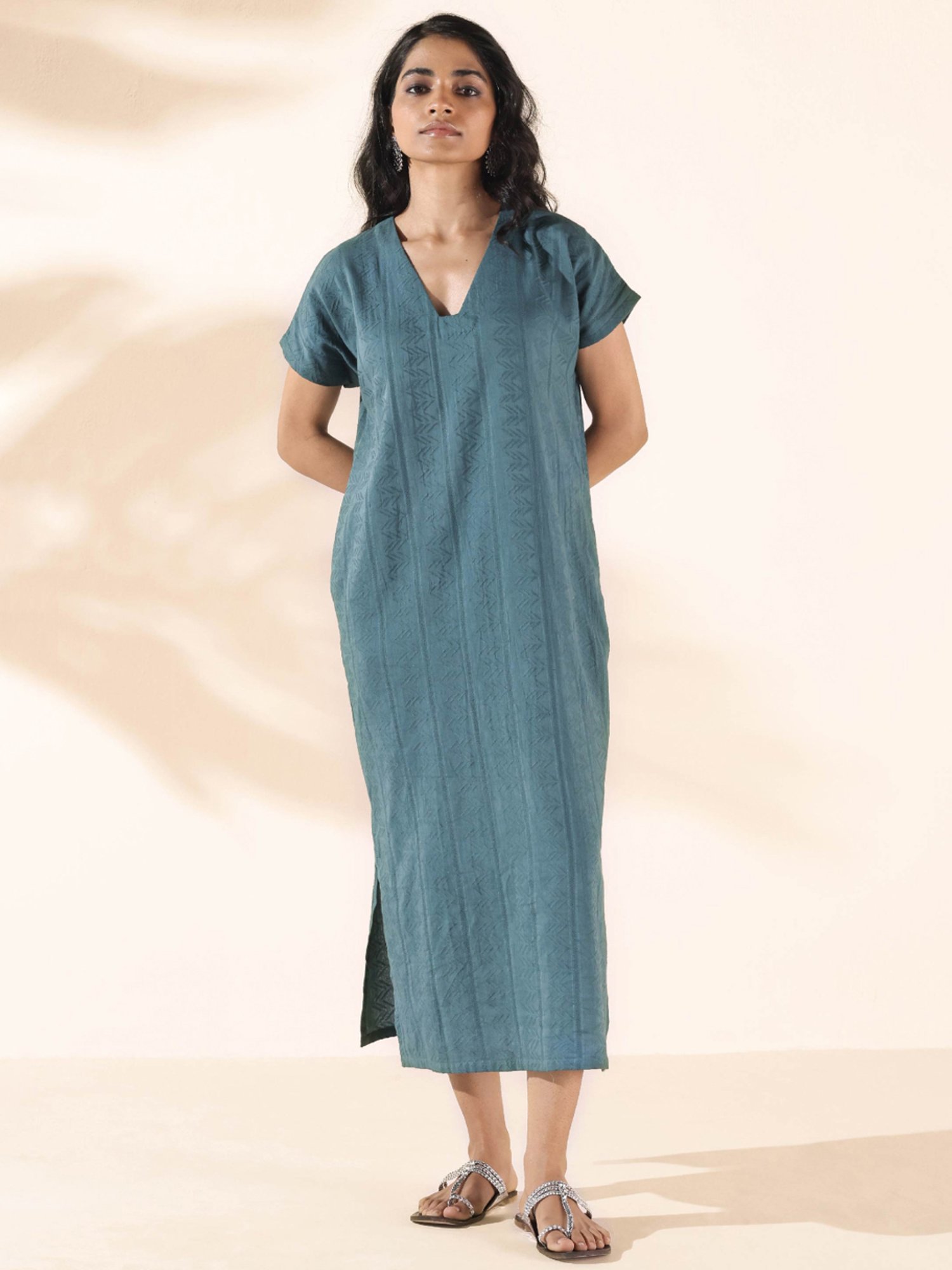 true Browns Grey Cotton Self Pattern A-Line Dress
