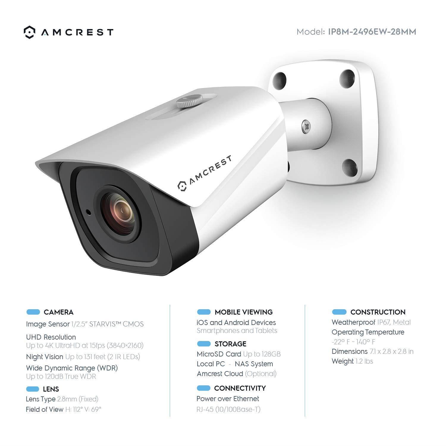 2-Pack Amcrest UltraHD 4K (8MP) Bullet POE IP Camera, 3840x2160, 131ft NightVision, 2.8mm Lens, IP67 Weatherproof, MicroSD Recording, White (2PACK-IP8M-2496EW)