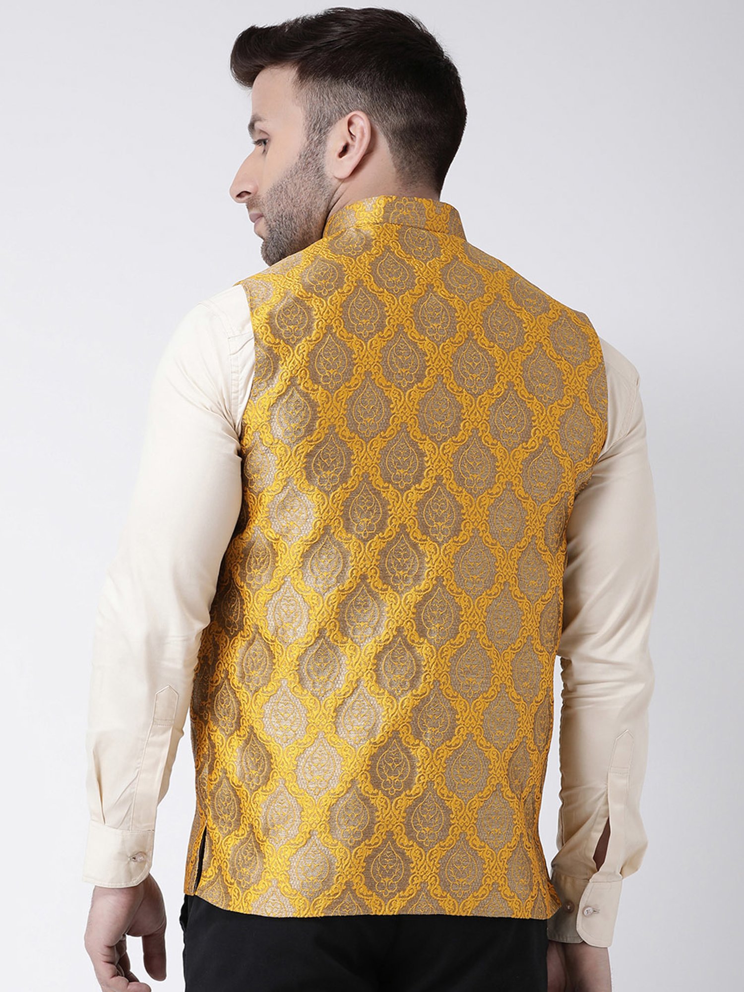 Hangup Plus Mustard Regular Fit Jacquard Nehru Jacket