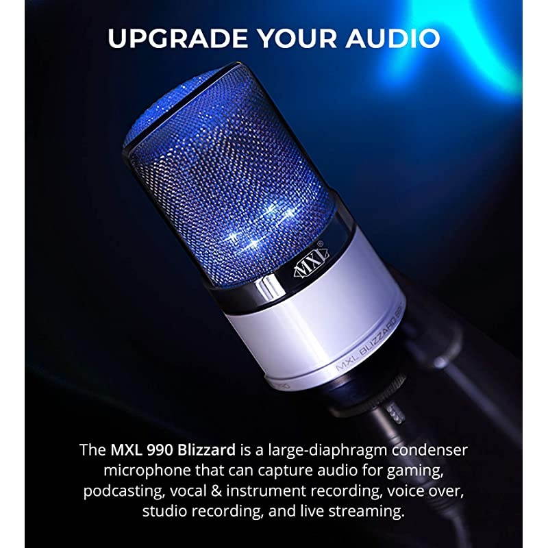 MXL 990 Blizzard Condenser Microphone with Blue LED Lights Bundle with  10-FT Balanced XLR Cable, Pop Filter Windscreen, and 5-Pack of Reusable Cable Ties