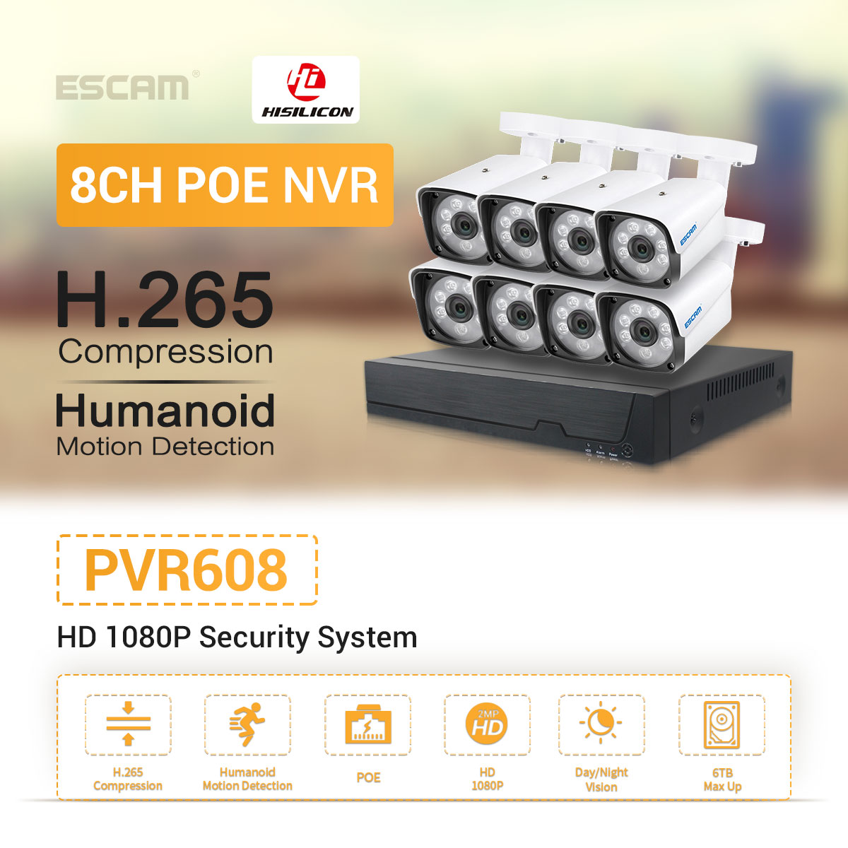ESCAM PVR608 2MP 1080P POE 8CH PVR Camera Kit Surveillance Camera System with Humanoid Detection