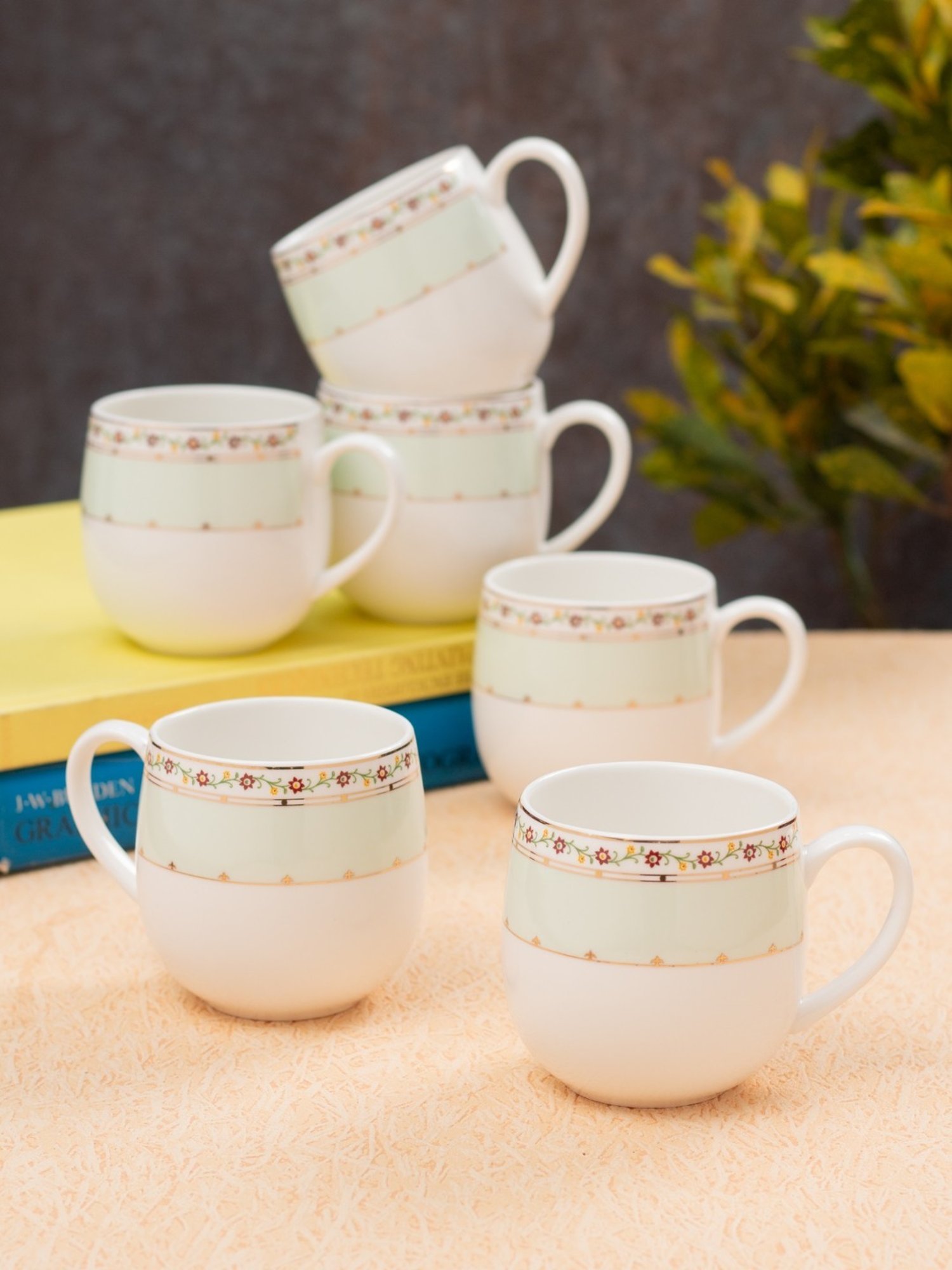 JCPL Printed Green Ceramic Tea Cups- Set of 6 (180 ml each)