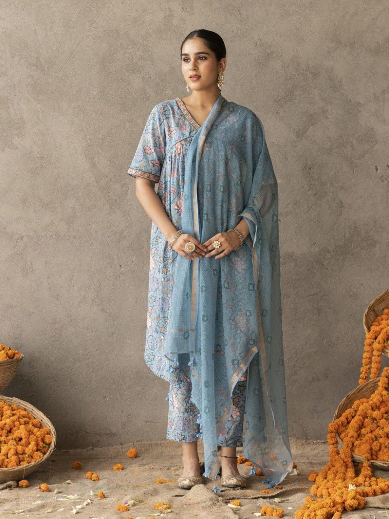 Akiso Reet Blue Block Printed A Line With Hand Embroidery Detailed Suit Set With Dupatta