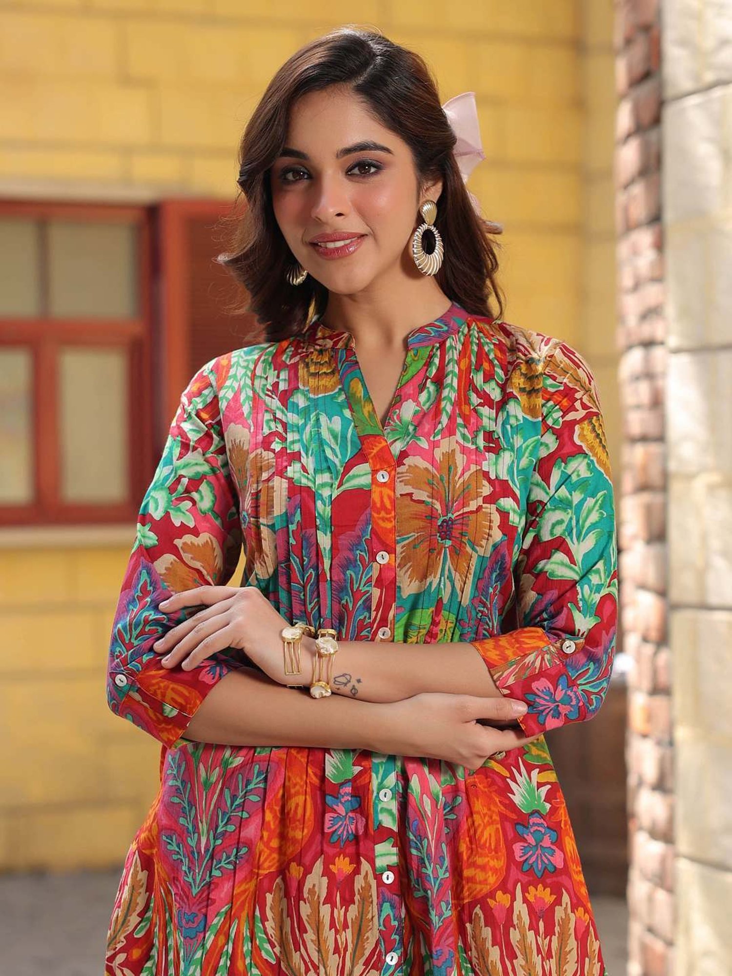 Rain and Rainbow Multicolored Cotton Printed Tunic & Pant Set