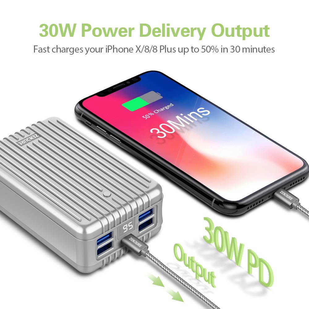 zendure a8pd 26800mah usb-c portable charger - 30w pd power bank (2 in 1 cable, led digital screen), 5-port quick charge extern
