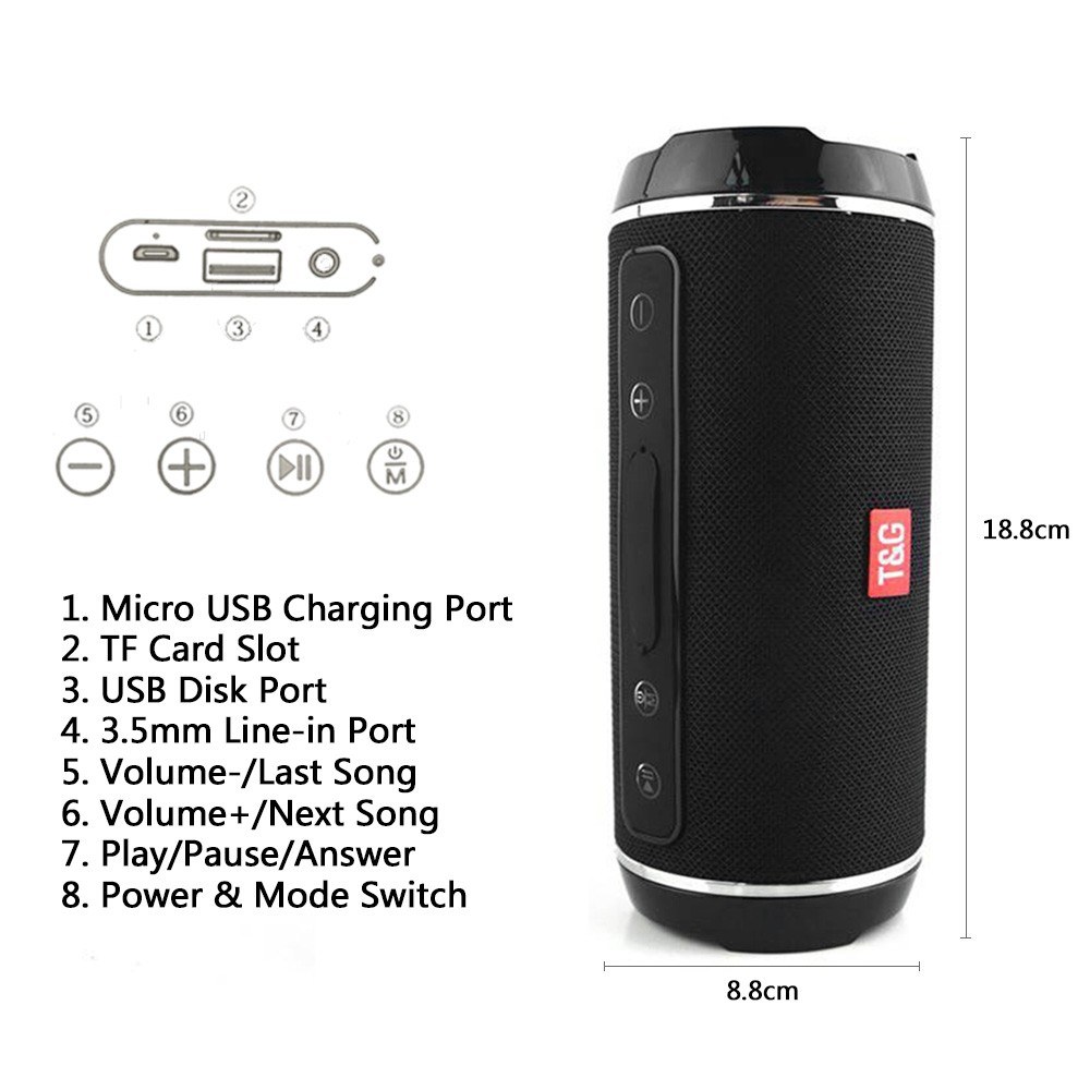 Portable Wireless Bluetooth Speaker 10W Stereo Subwoofer Outdoor Splash-proof Music Player U Disk TF Card Reader AUX-IN Hands-free w/ Mic 1200mAh Battery
