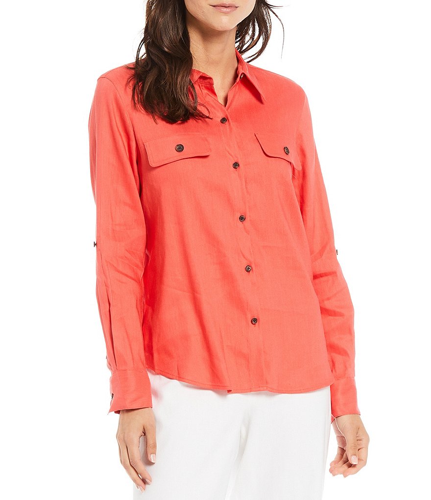 Preston & York Sam Stretch Linen Blend Button Down Long Sleeve Top