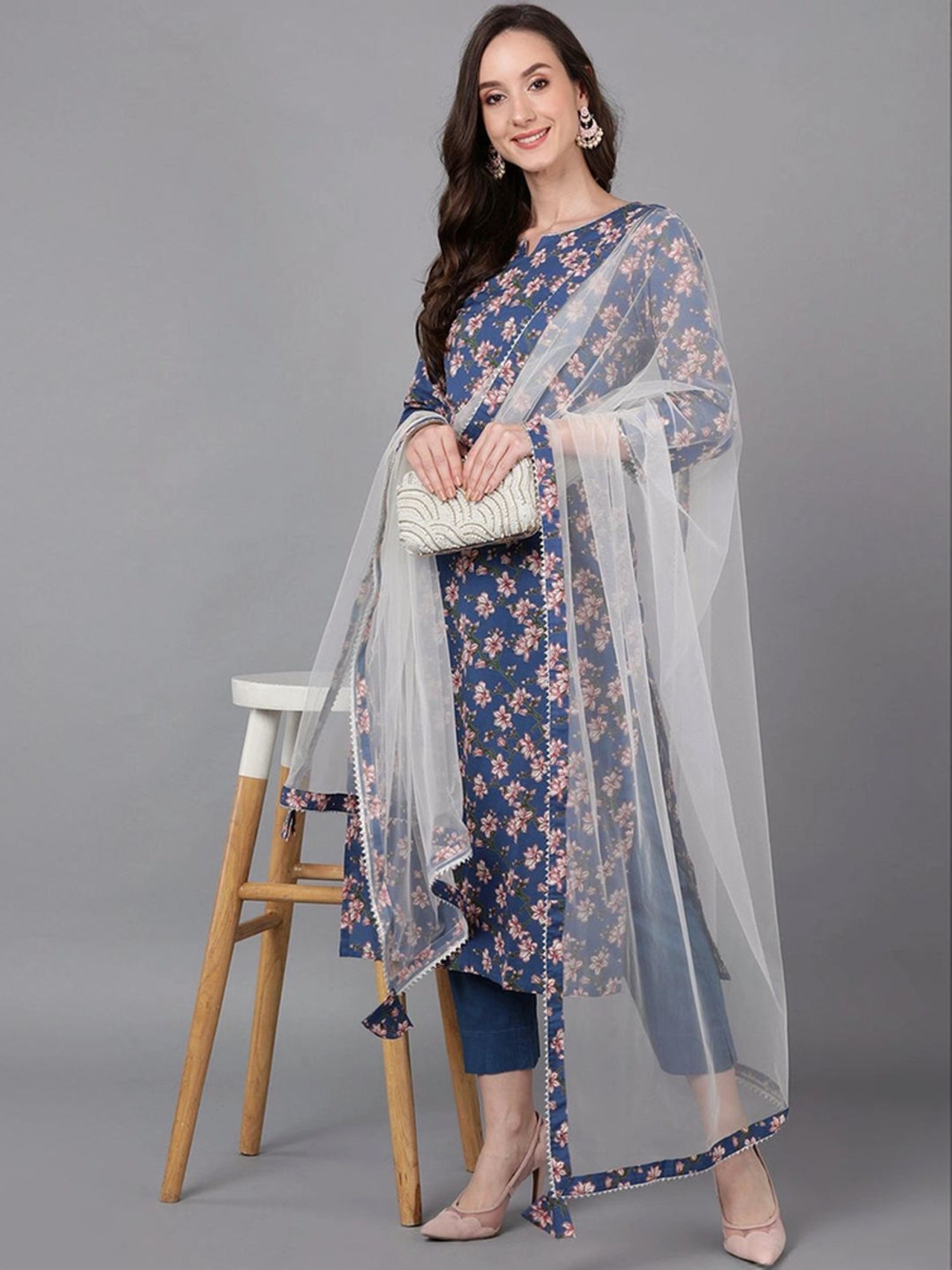 Vaamsi Blue Rayon Floral Print Kurta Pant Set With Dupatta