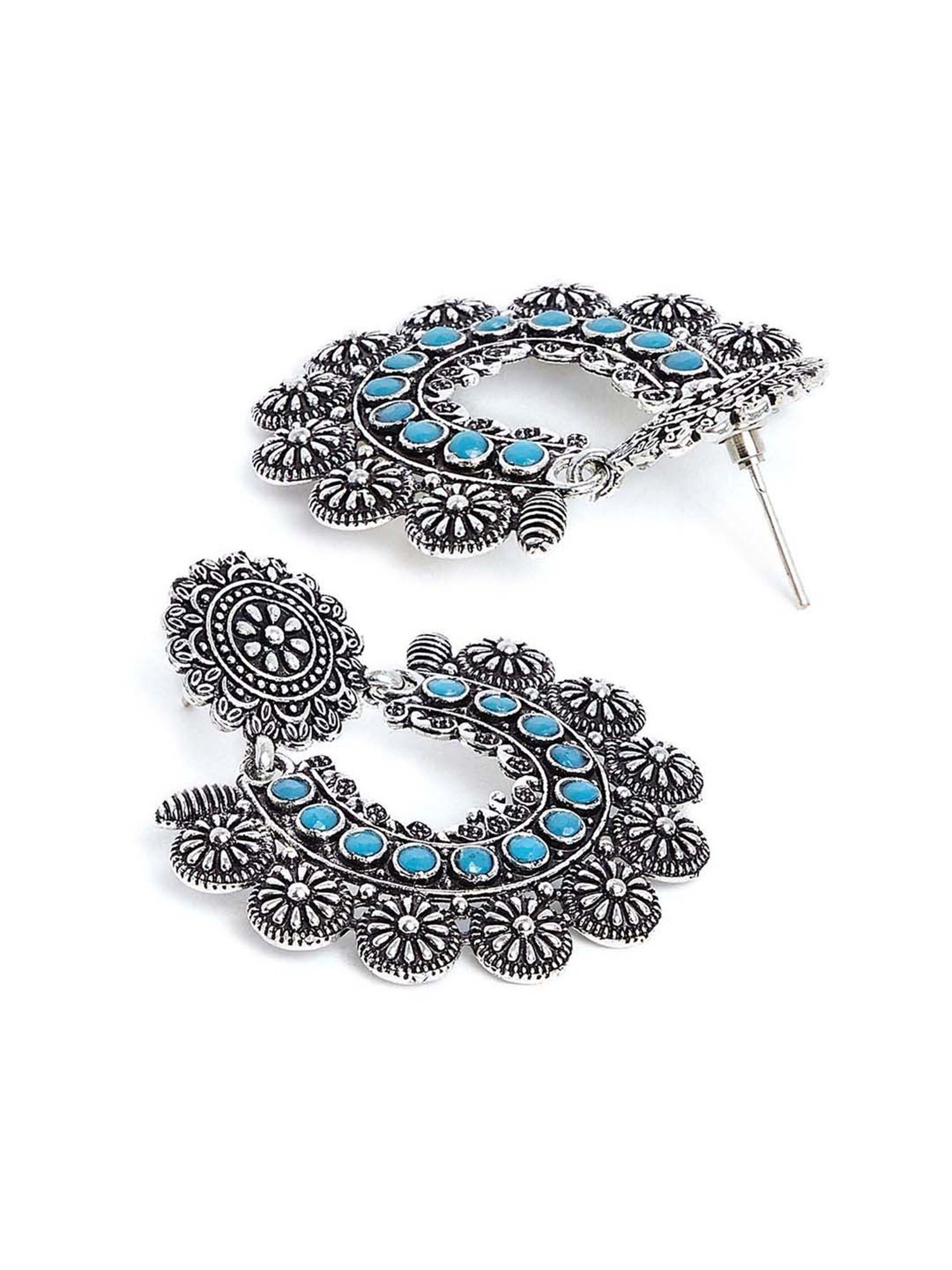 Panash Silver-Plated and Turquoise Oxidised Chand Bali Earrings
