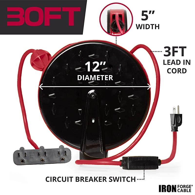 Retractable Extension Cord Reel with Breaker Switch 3 Electrical Power Outlets 163 SJTW Durable Red Cable Perfect for Hanging from Your Garage Ceiling