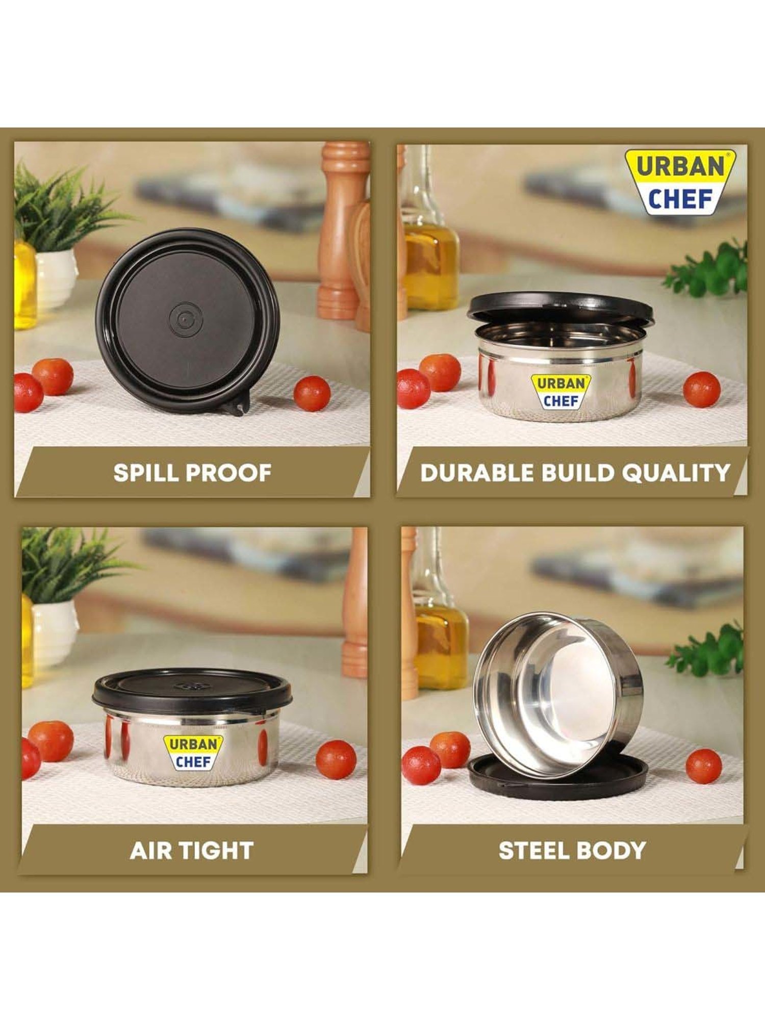 Urban Chef Black Stainless Steel Essential Lunch Box Containers - Set of 2