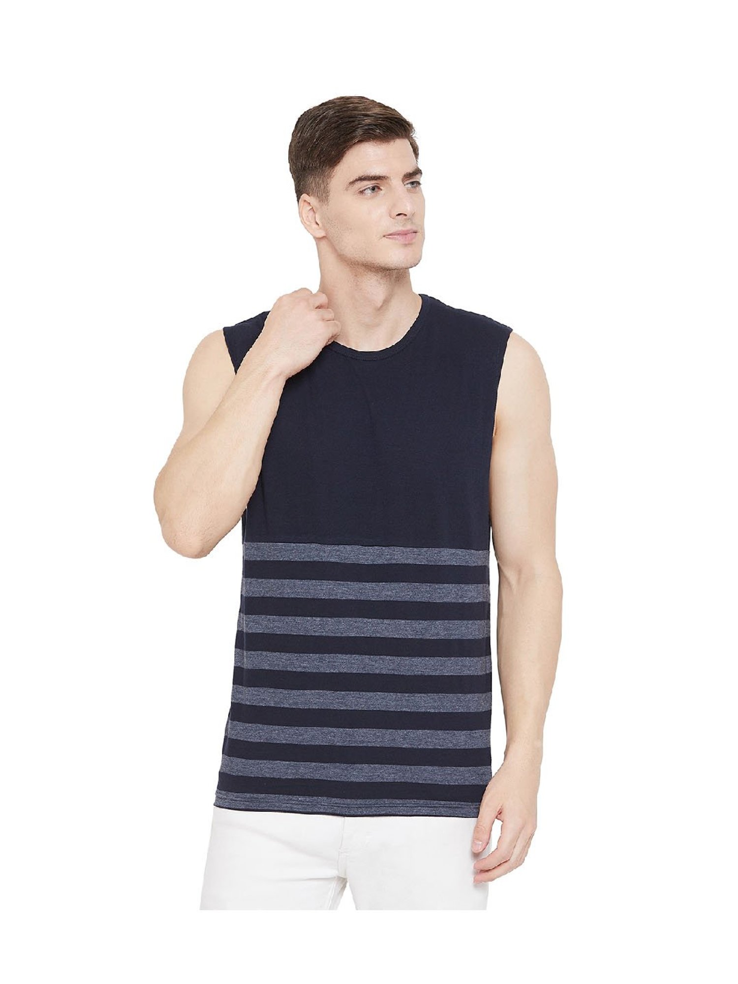 Hypernation Blue & Grey Stripes Cotton T-Shirt