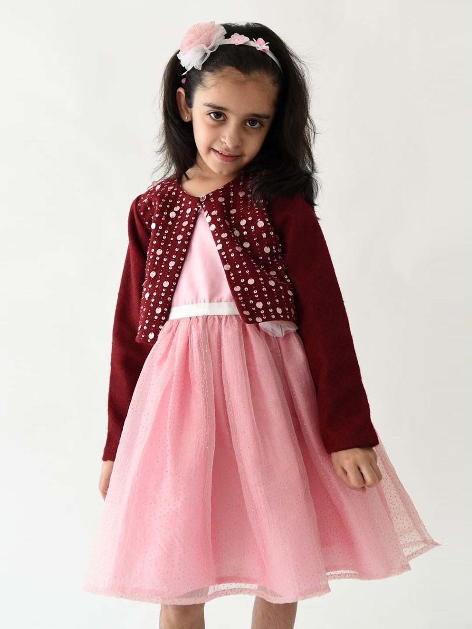 A Little Fable Maroon Embellished Full Sleeves Shrug